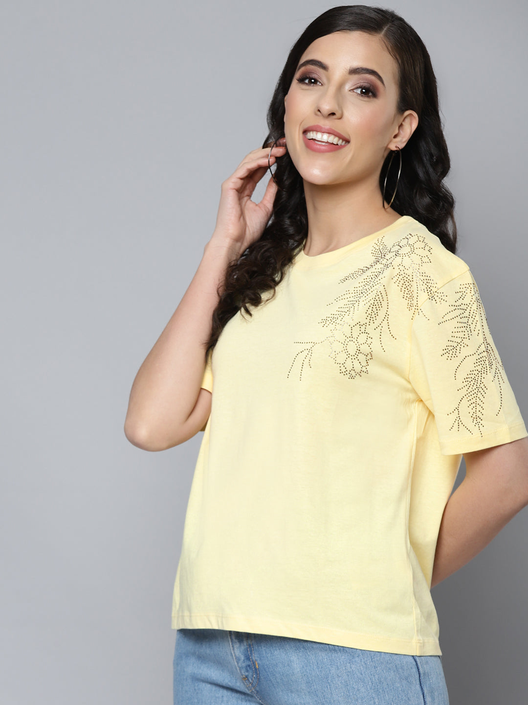 Women Yellow Shoulder Stud Work Regular T-Shirt