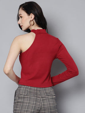 Women Red Rib One Shoulder Collar Crop Top