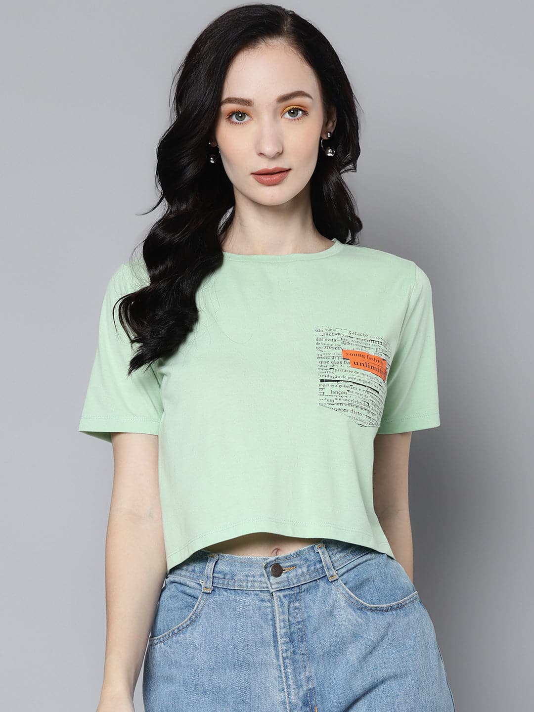 Women Green Newspaper Pocket Crop T-Shirt-T-Shirts-SASSAFRAS