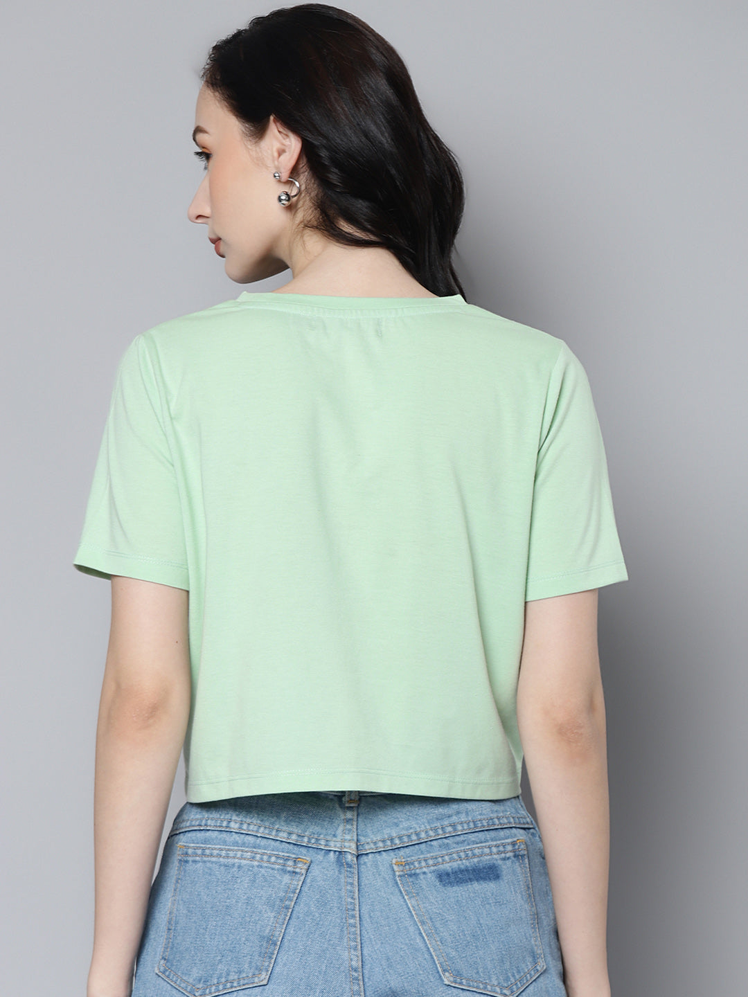 Women Green Newspaper Pocket Crop T-Shirt
