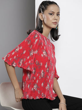 Red Floral Print Pleated Chinon A-Line Top-SASSAFRAS