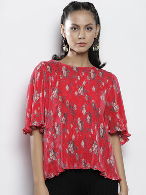 Women Red Floral Print Pleated Chinon A-Line Top