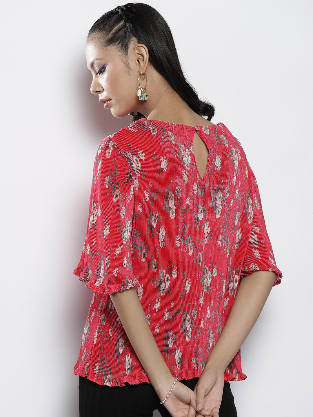 Women Red Floral Print Pleated Chinon A-Line Top