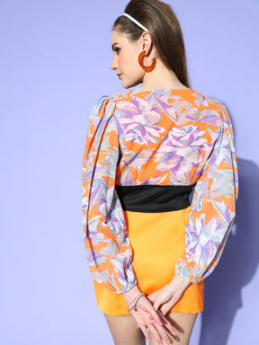 Women Orange & Purple Floral V-Neck Crop Top