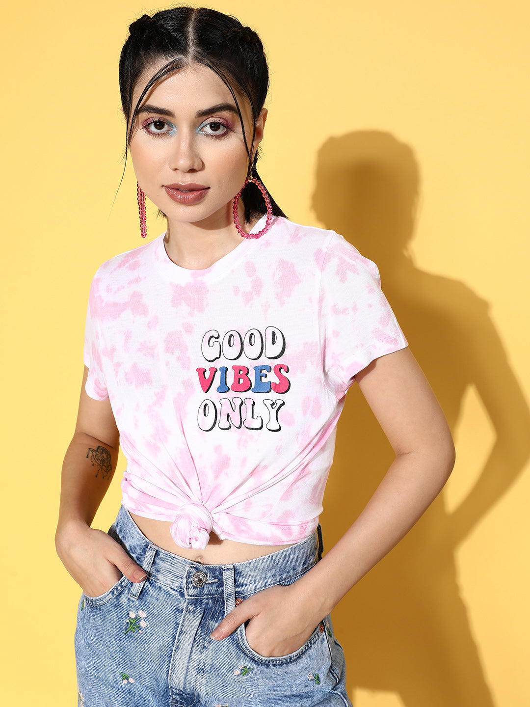 Women Pink Good Vibes Tie Dye T-Shirt