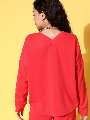 Red Rib V-Neck High-Low Sweater Top-SASSAFRAS
