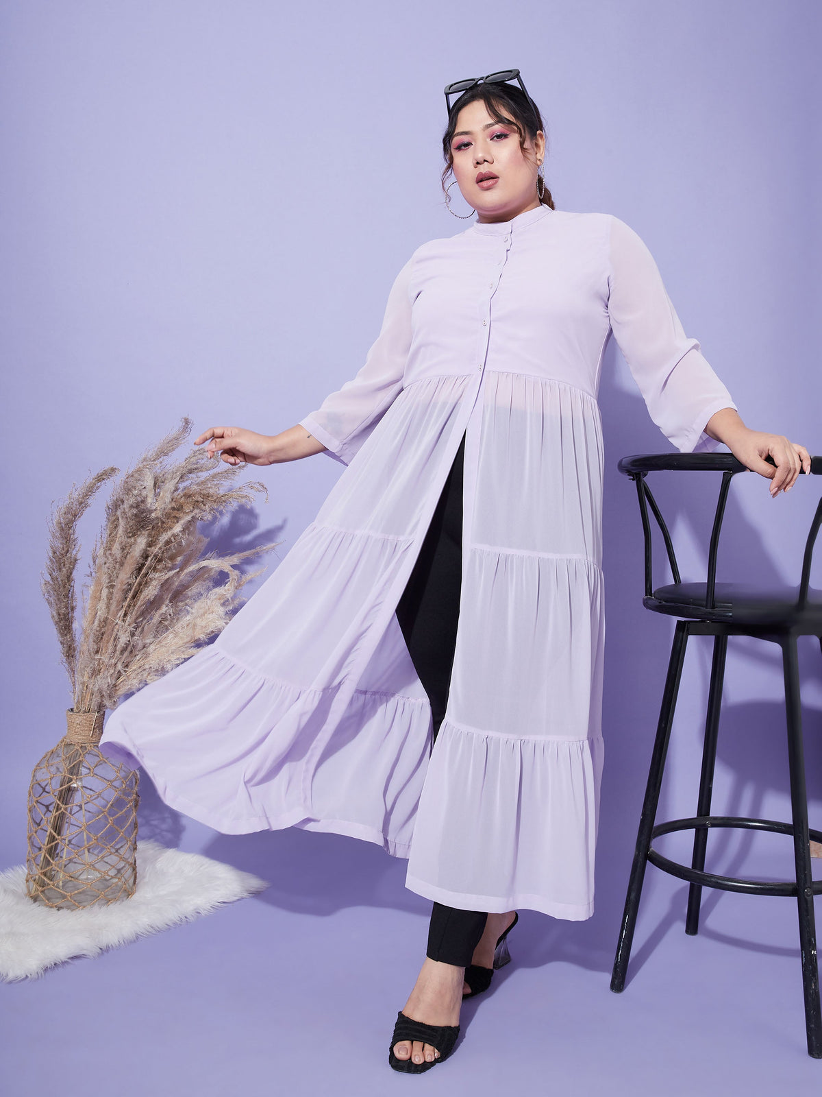 Lavender Front Open Sheer Tiered Maxi Top-SASSAFRAS Curve