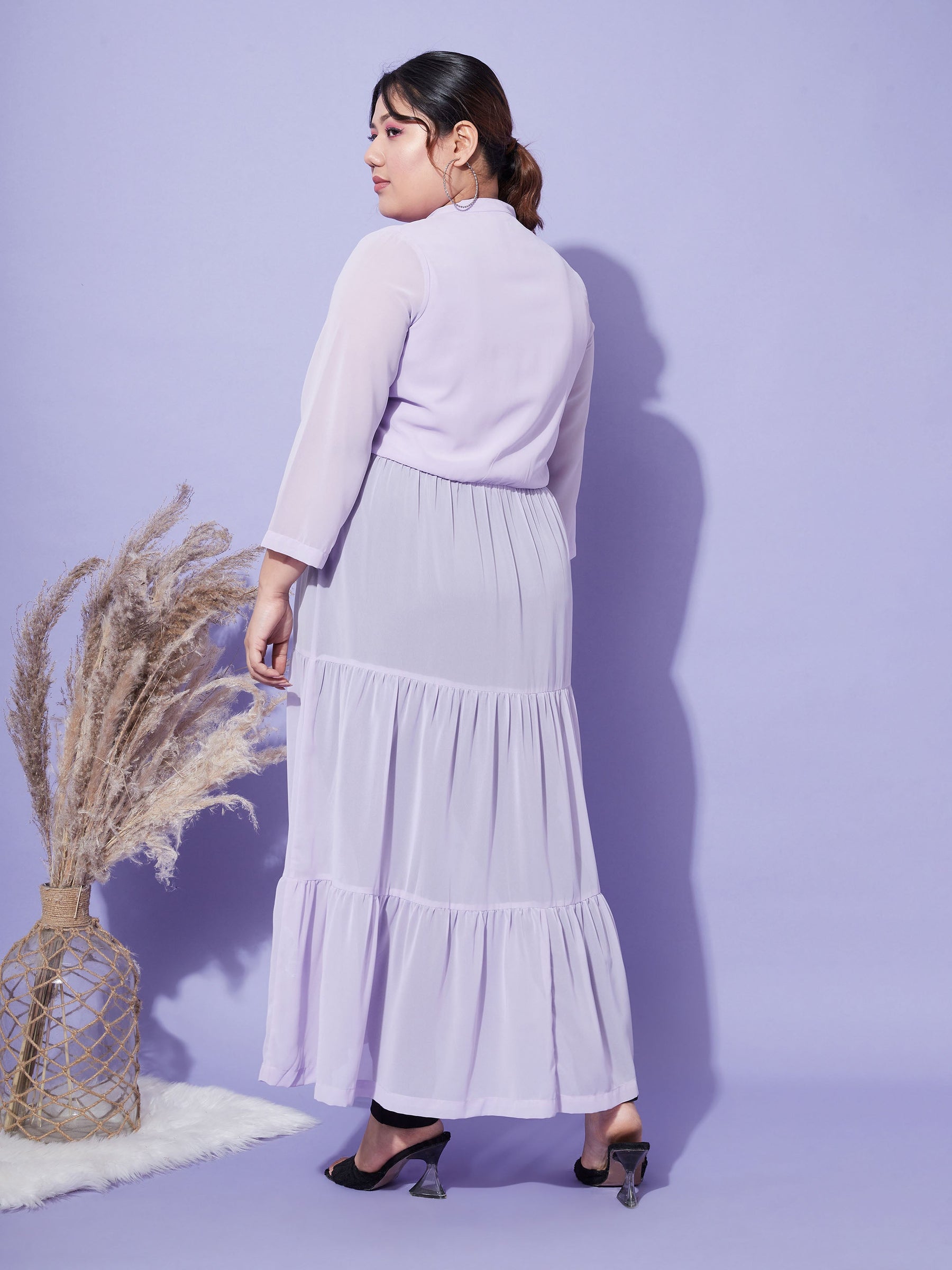 Lavender Front Open Sheer Tiered Maxi Top-SASSAFRAS Curve