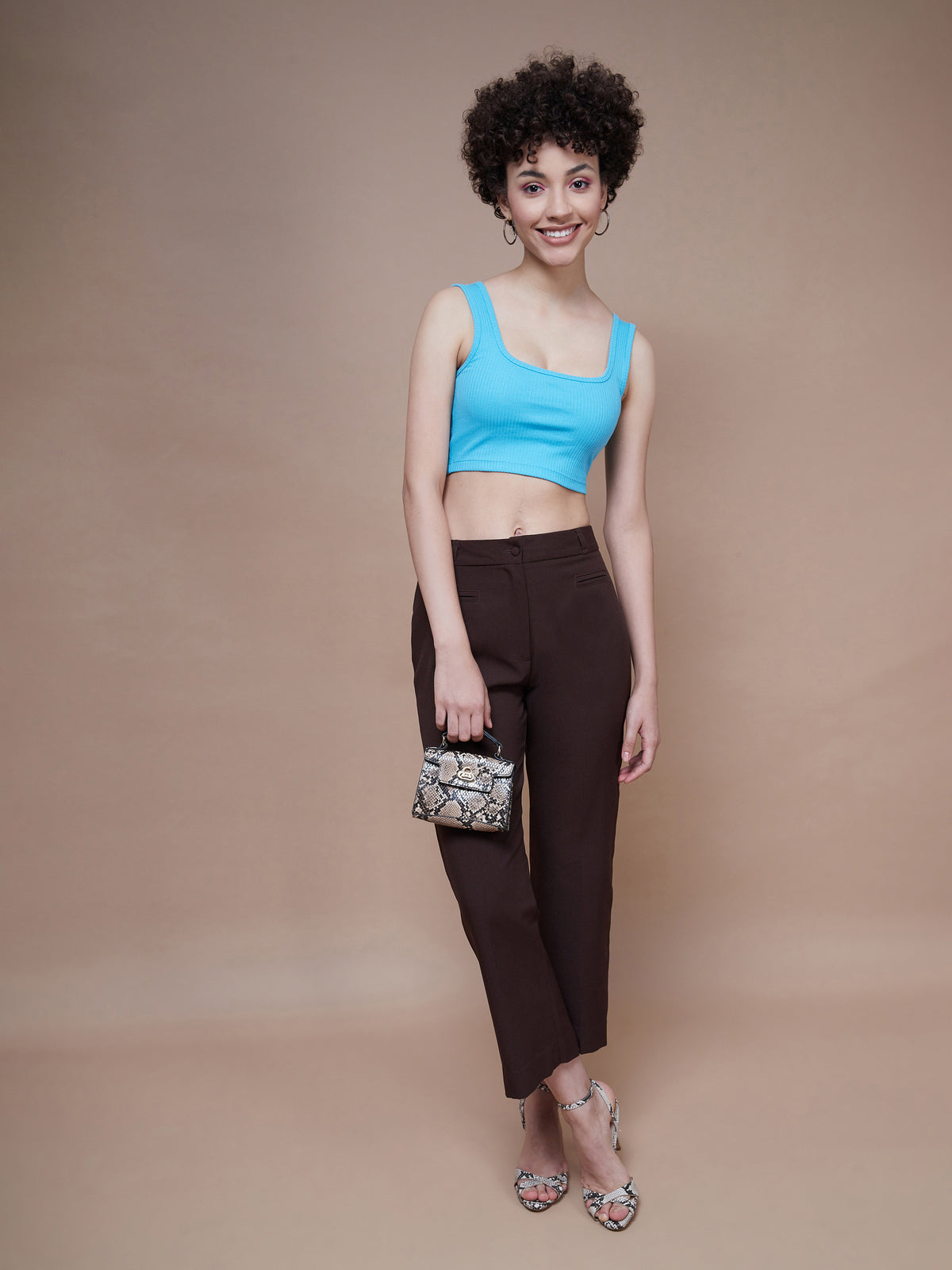 Women Turquoise Rib Square Neck Cropped Tank Top