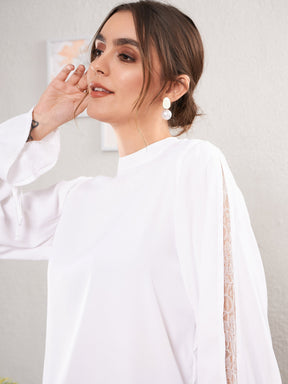 White Satin Lace Detail Puff Sleeves Top-SASSAFRAS worklyf