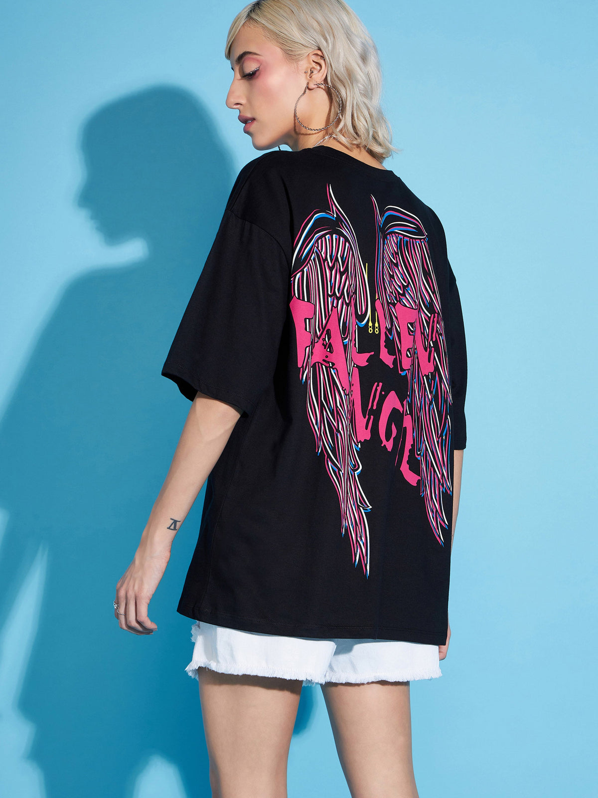 Black FALLEN ANGEL Printed Oversized T-Shirt-SASSAFRAS