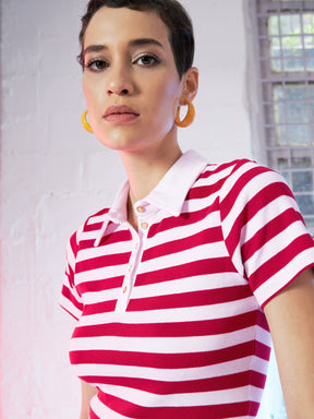 Red & Pink Stripes Crop Polo T-Shirt-SASSAFRAS