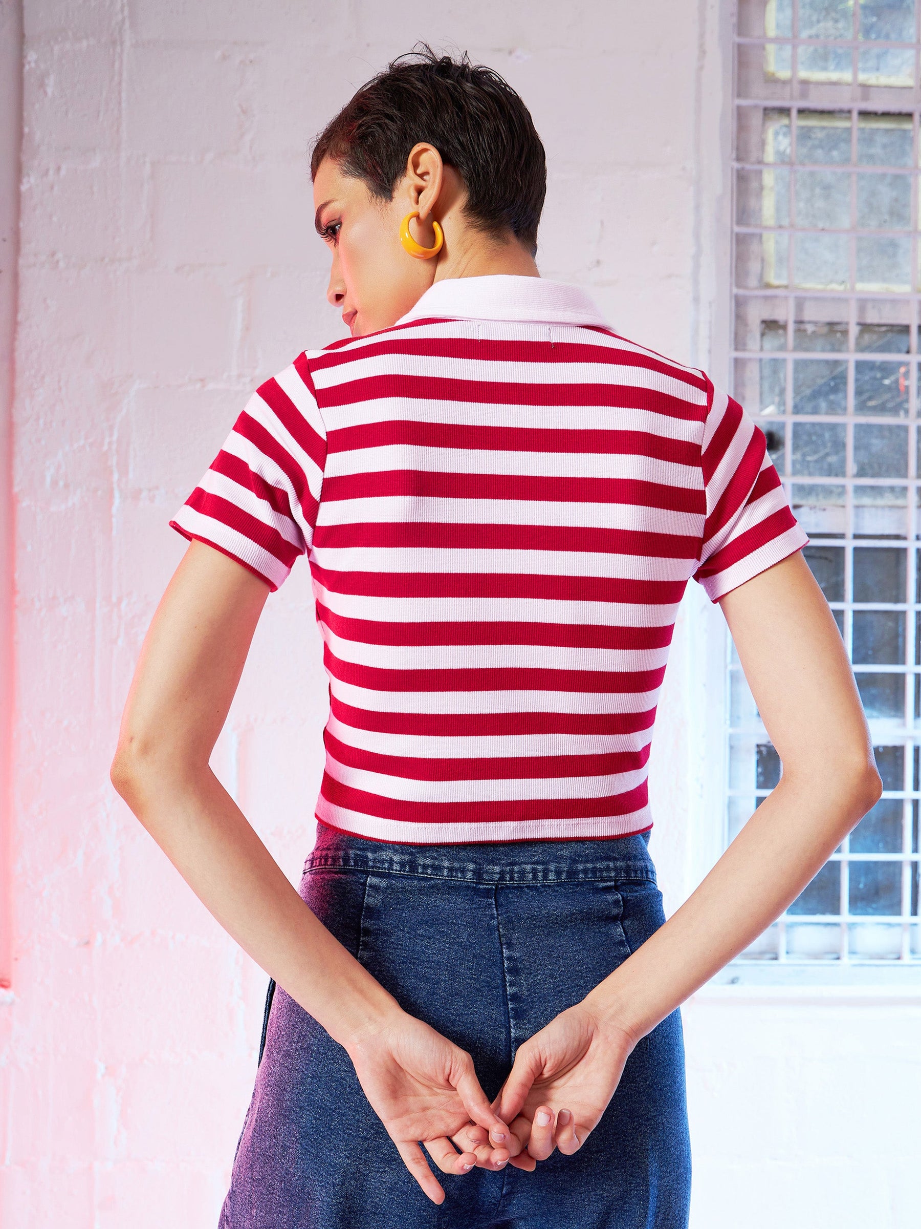 Red & Pink Stripes Crop Polo T-Shirt-SASSAFRAS