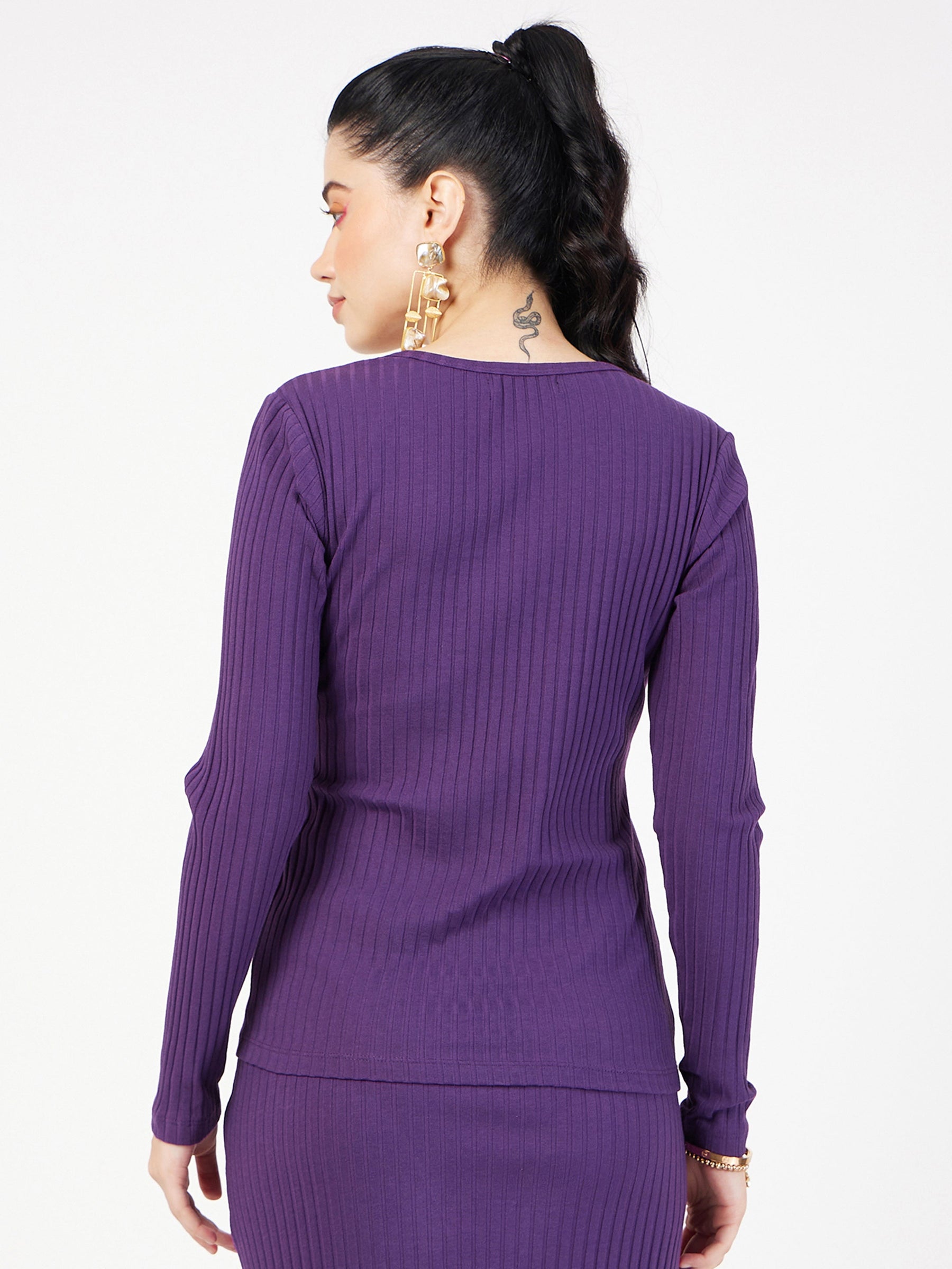 Purple Rib Square Neck Full Sleeves Top-SASSAFRAS