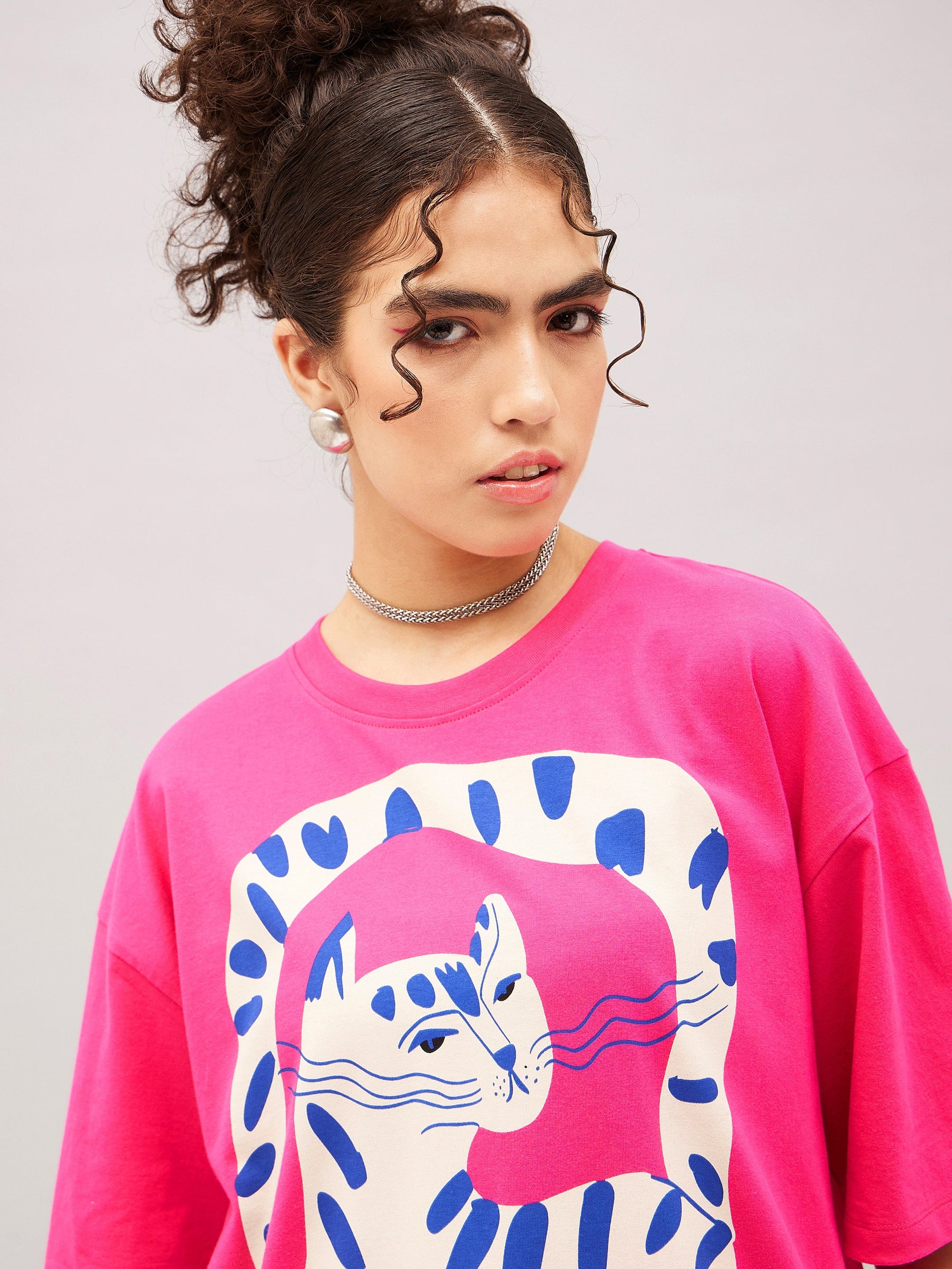 Barbie Pink Cat Print Oversized T-shirt-SASSAFRAS