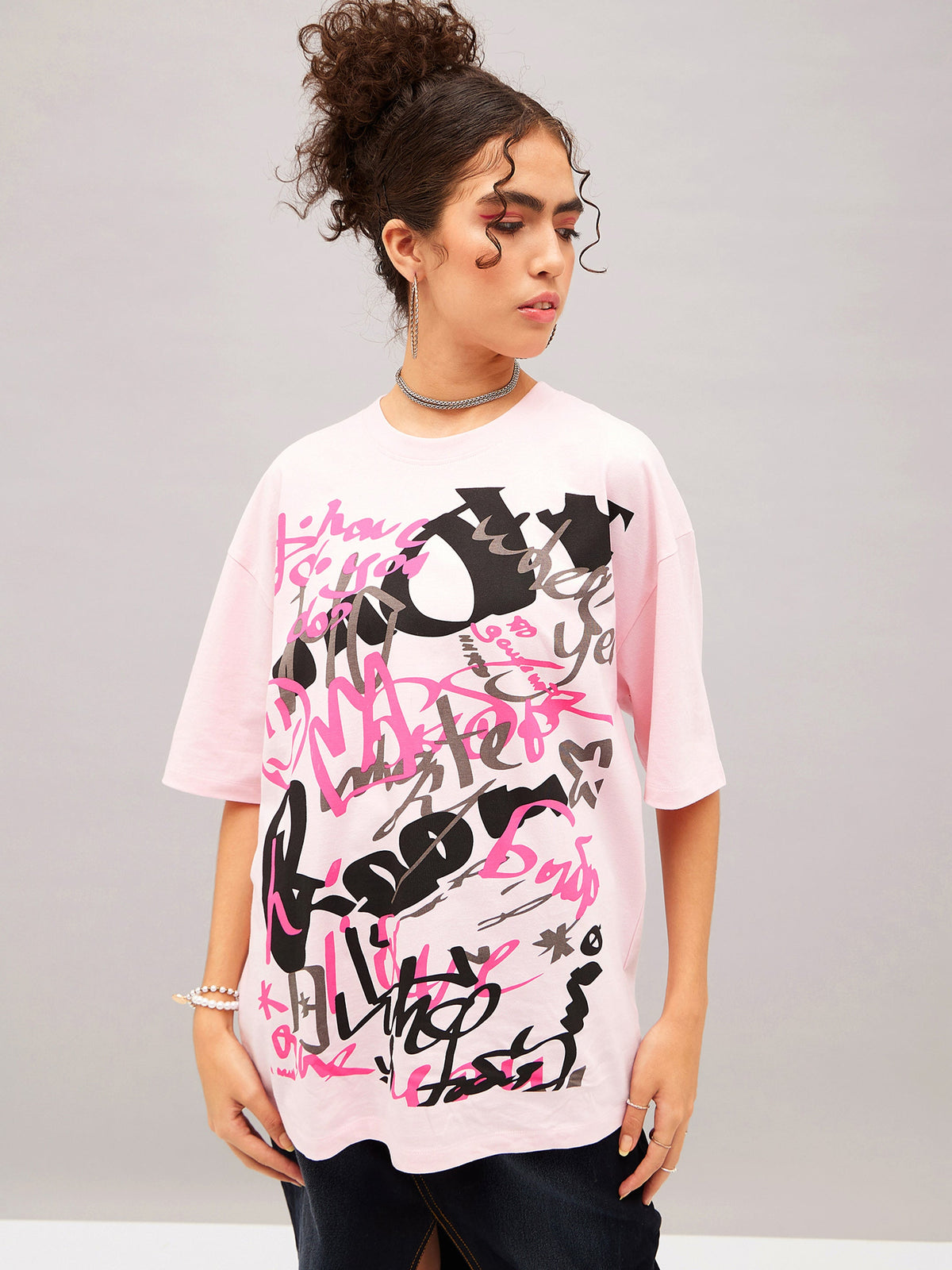 Pastel Pink Abstract Print Oversized T-shirt-SASSAFRAS