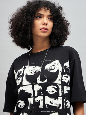 Black Retro Photographic Print Oversized T-shirt-SASSAFRAS
