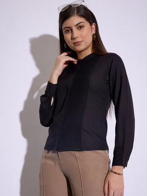 Black Front Pin Tuck Shirt Style Top-SASSAFRAS worklyf