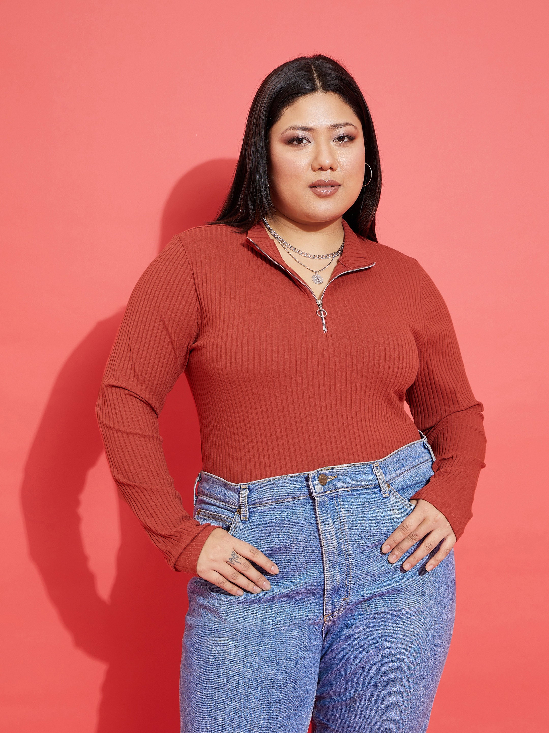 Women Rust Rib Front Zipper Top
