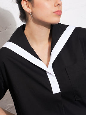 Black Poplin Sailor Collar Crop Top-SASSAFRAS