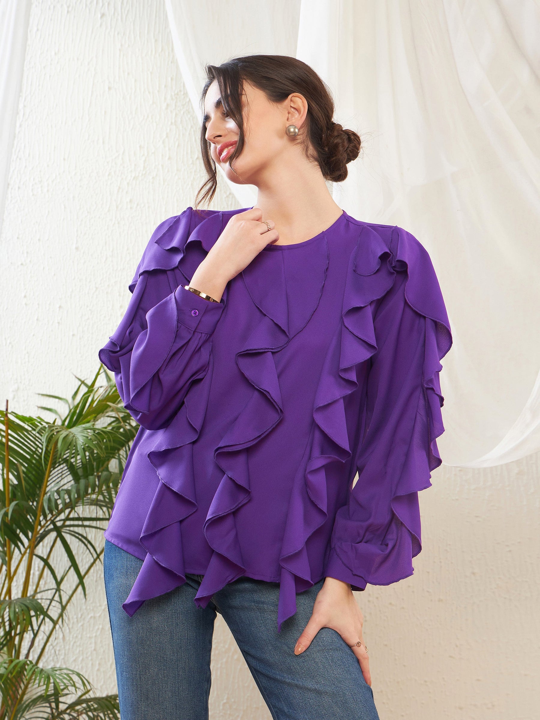 Purple Full Sleeves Ruffle Top-SASSAFRAS