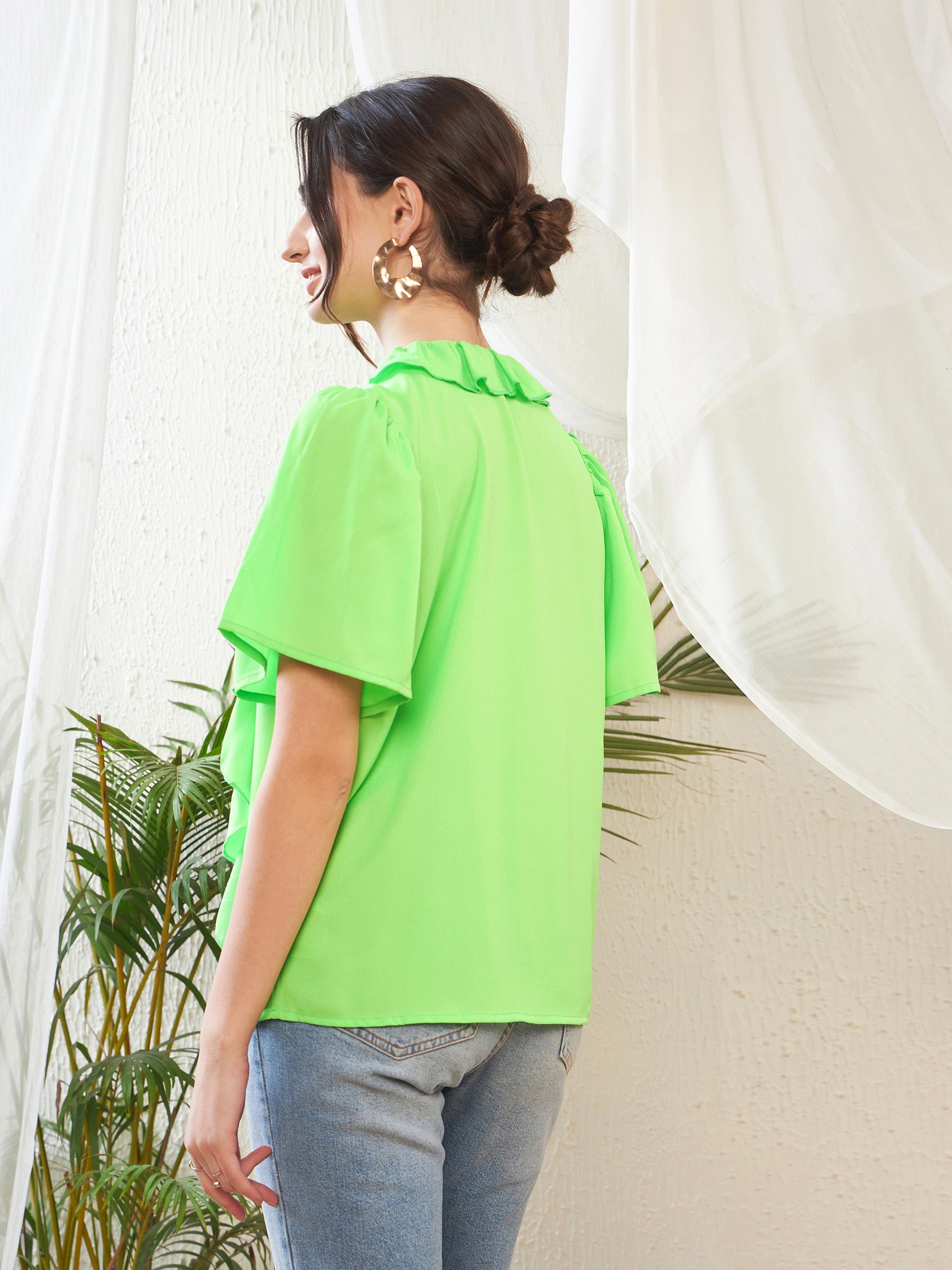 Green Short Sleeves Ruffle Top-SASSAFRAS