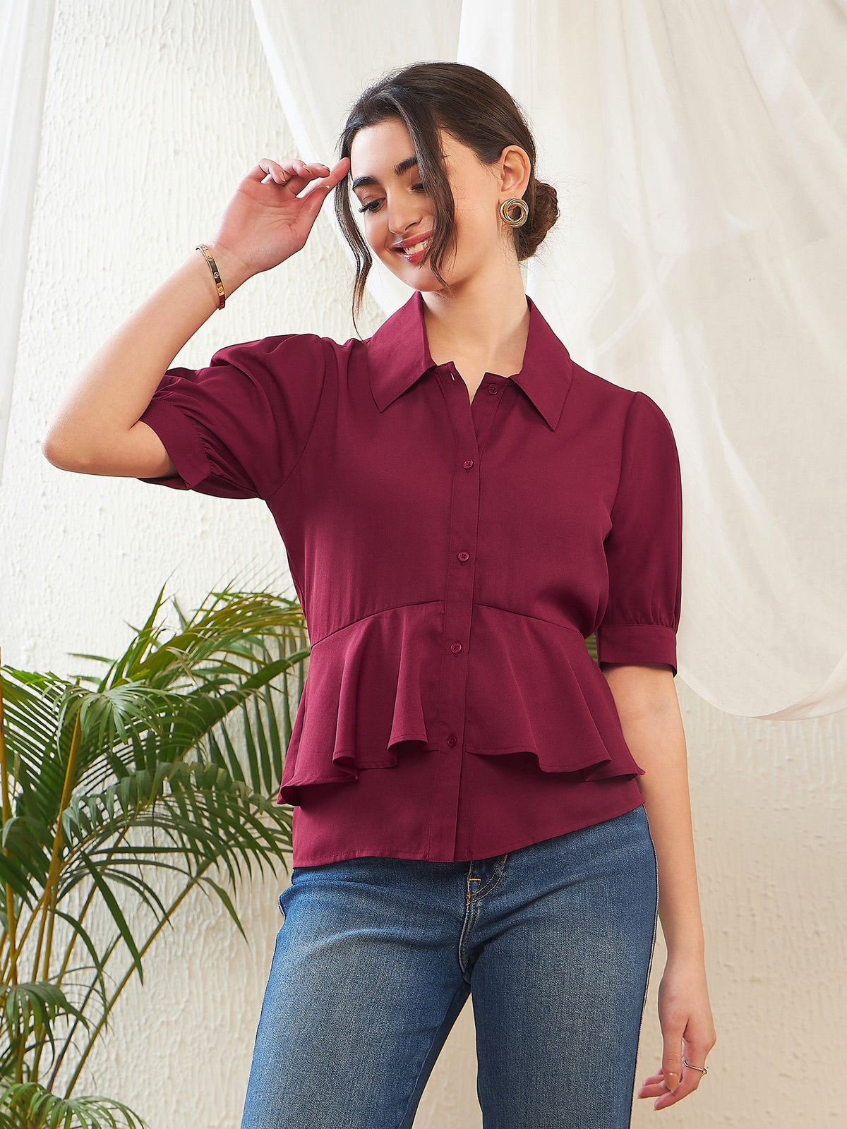 Maroon Frill Detail Shirt Style Blouse-SASSAFRAS