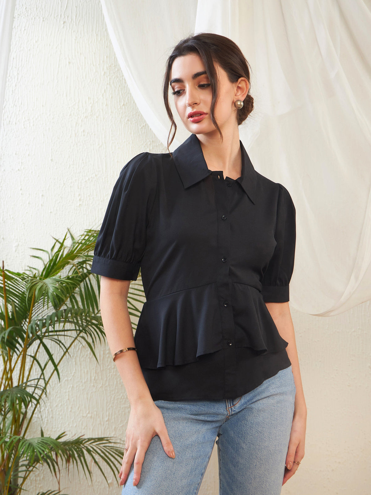 Black Frill Detail Shirt Style Blouse-SASSAFRAS