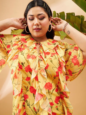 Yellow Floral Front Tie-Neck Ruffle Top-SASSAFRAS Curve