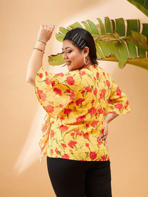 Yellow Floral Front Tie-Neck Ruffle Top-SASSAFRAS Curve