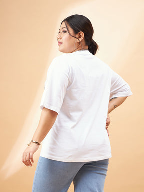 White Graphic Floral Print T-Shirt-SASSAFRAS Curve