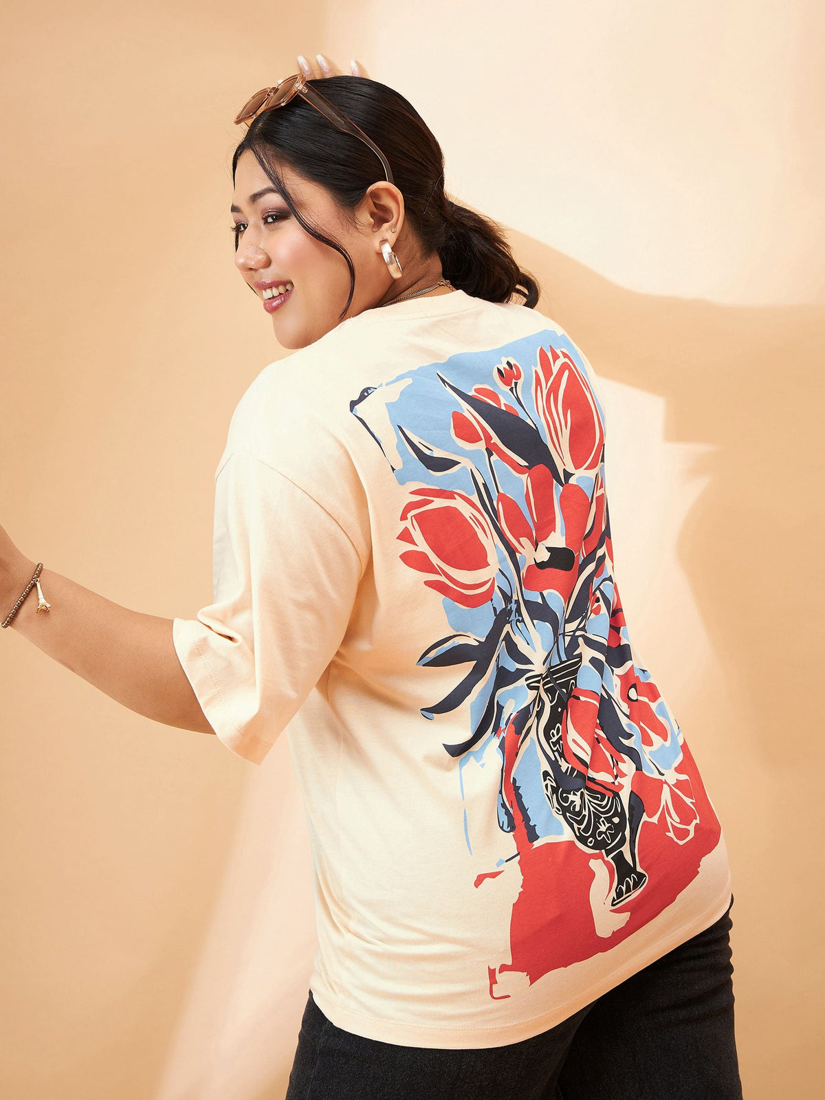 Beige Graphic Floral Print T-Shirt-SASSAFRAS Curve