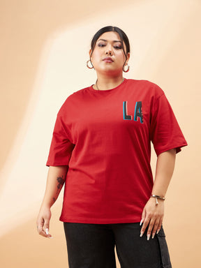 Red Graphic LA Print T-Shirt-SASSAFRAS Curve