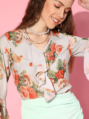 Women Grey Floral Ruffled V-Neck Blouse Top