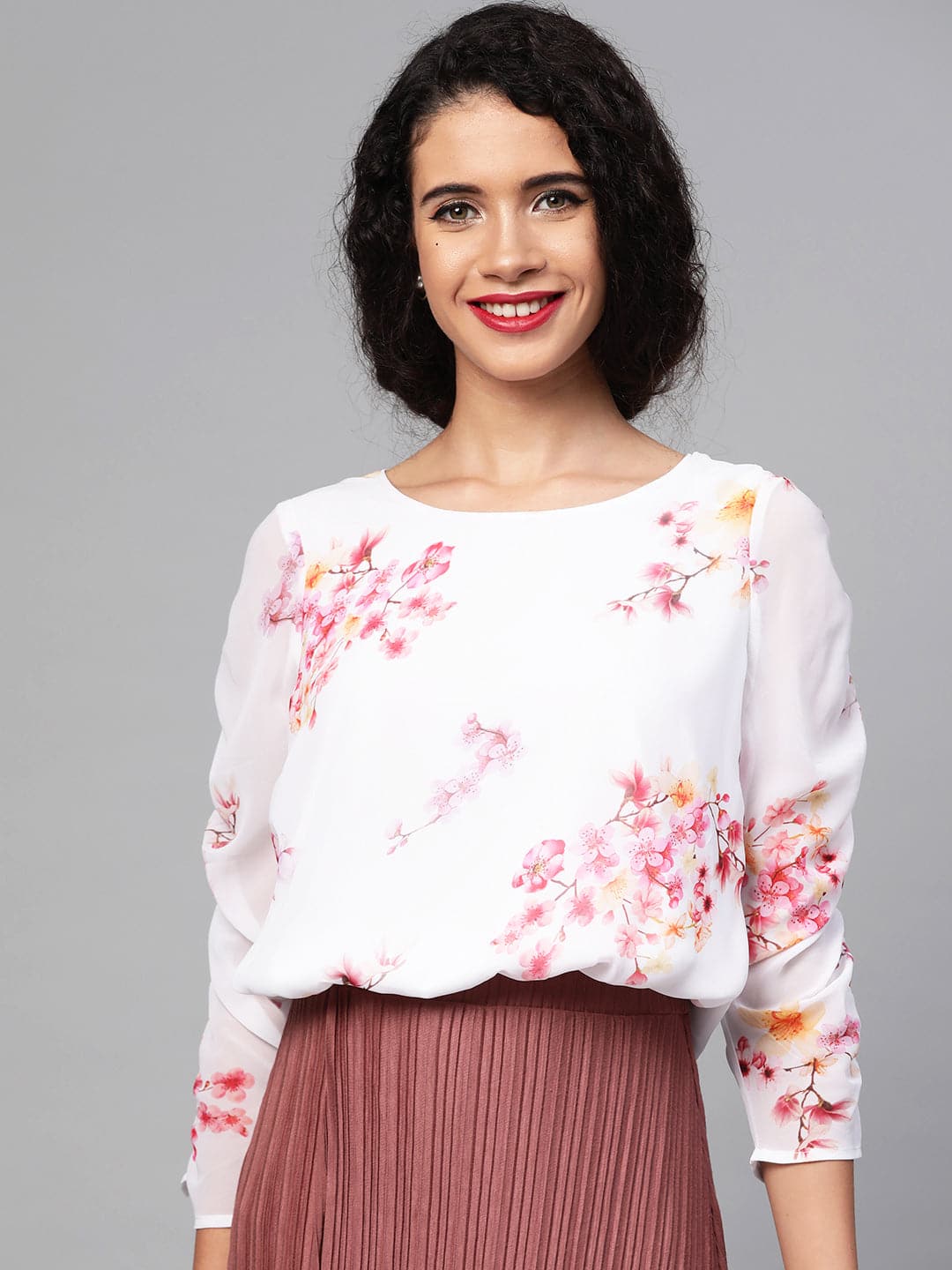 Off-White Floral Rouched Sleeves Crop Top-Tops-SASSAFRAS
