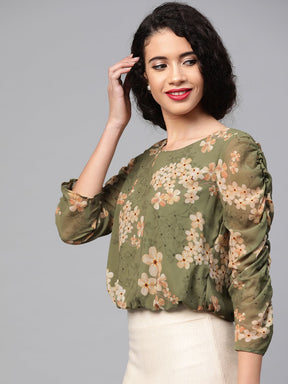 Moss Green Floral Rouched Sleeves Crop Top-Tops-SASSAFRAS