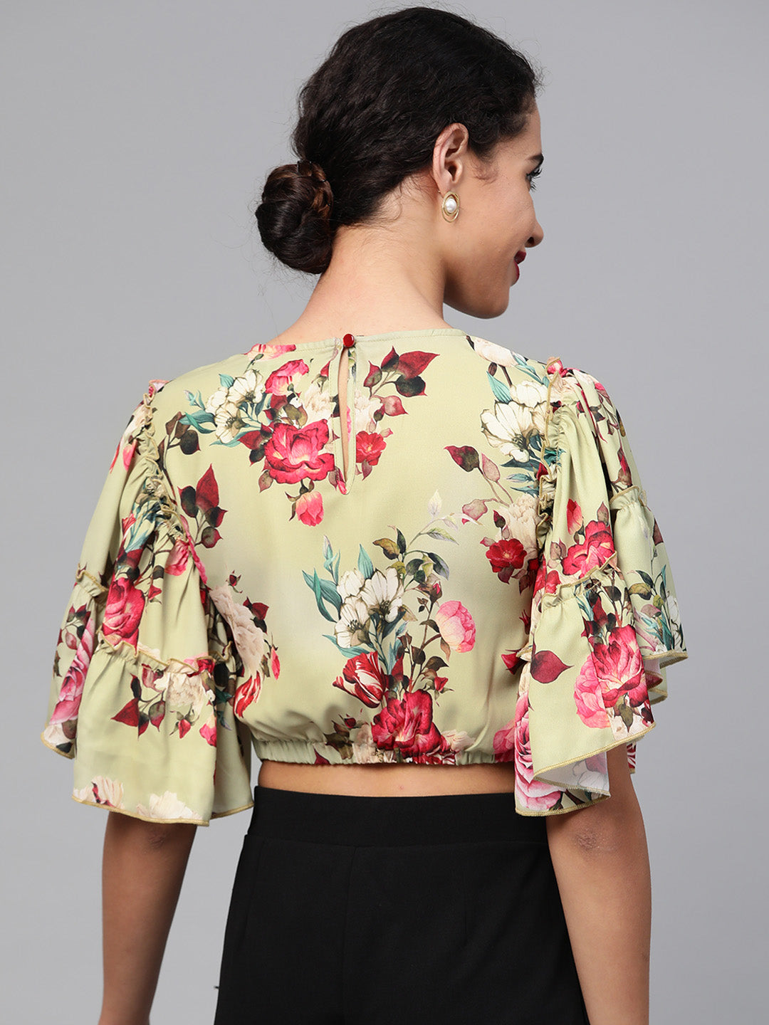 Green Floral Flare Sleeve Crop Top