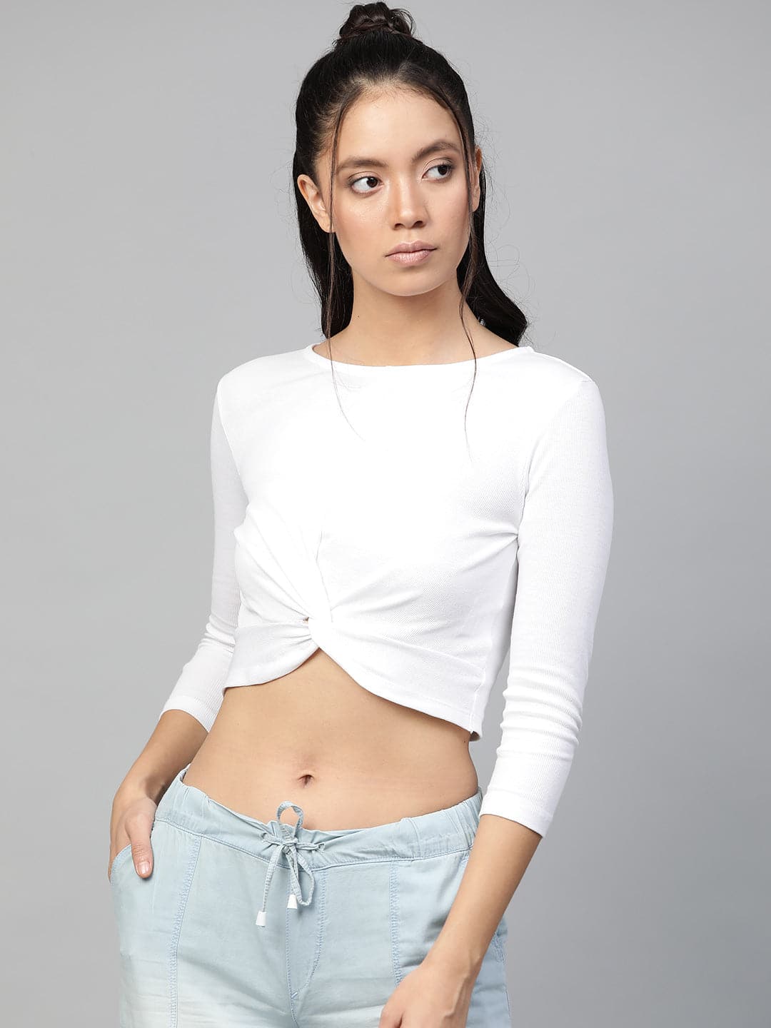White Rib Twisted Knot Crop Top-Tops-SASSAFRAS