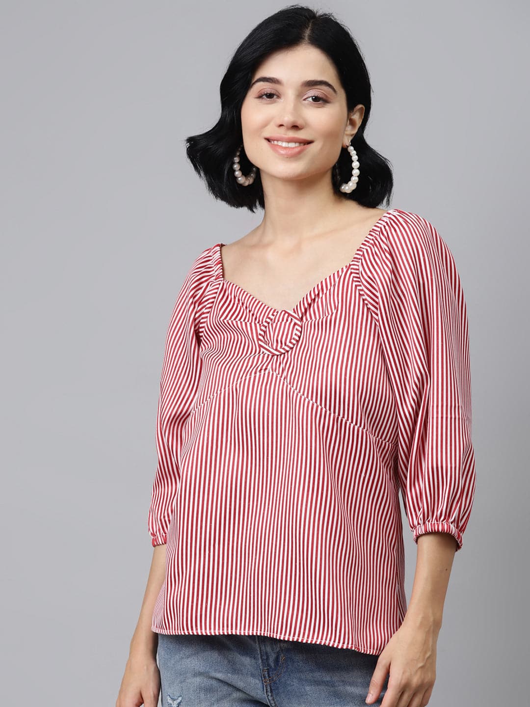 Red Stripes Puff Sleeves Top-Tops-SASSAFRAS