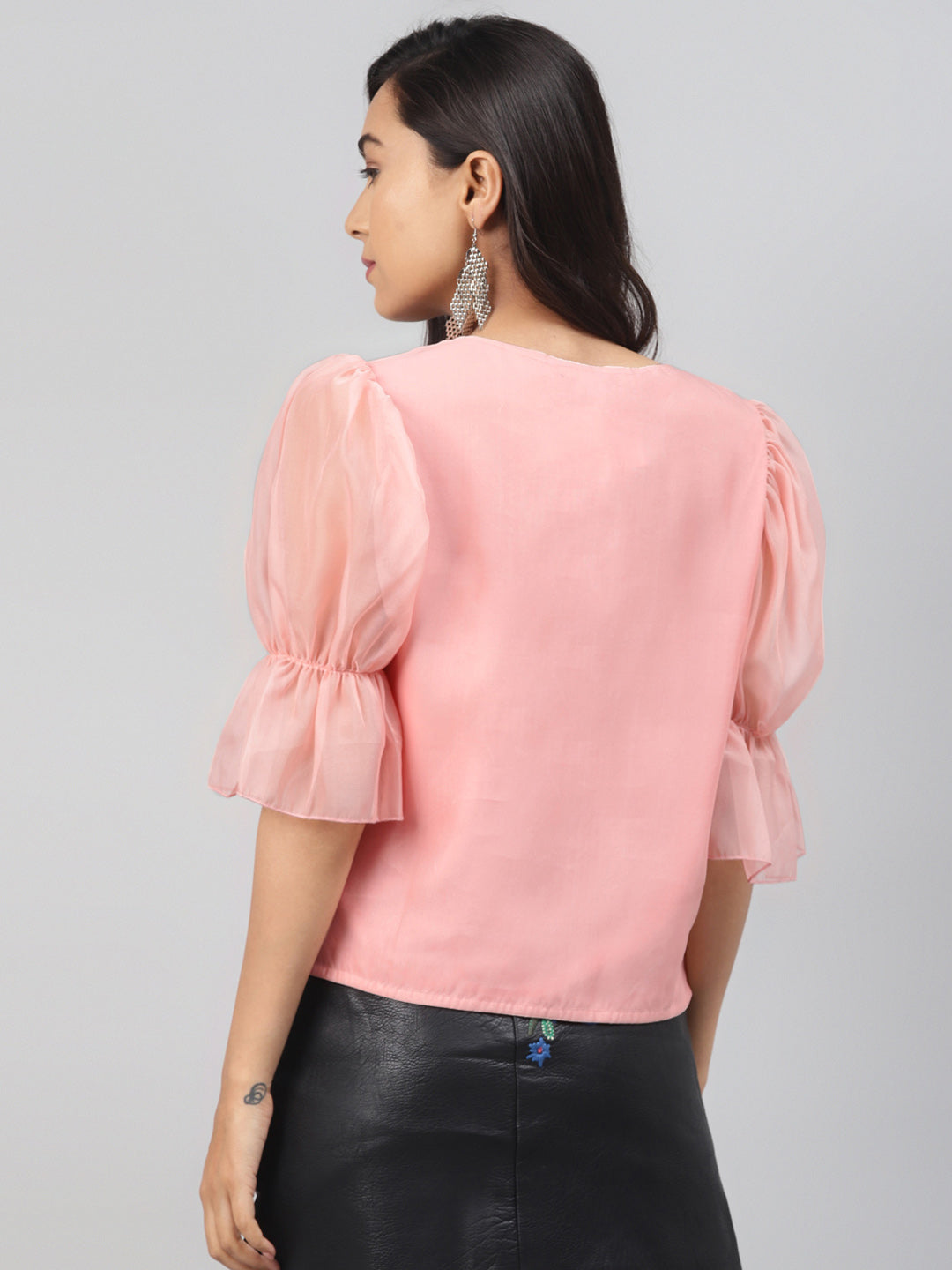 Pastel Pink Front Button Puff Sleeve Top