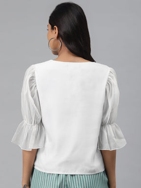 Off White Front Button Puff Sleeve Top