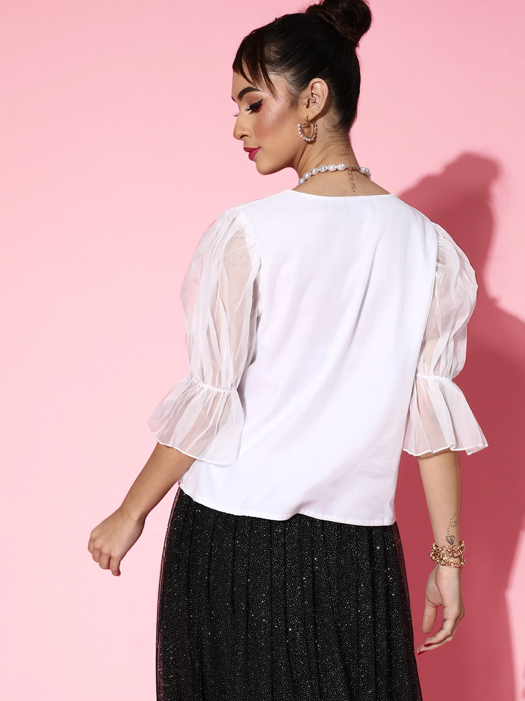 Women Off White Front Button Puff Sleeve Top