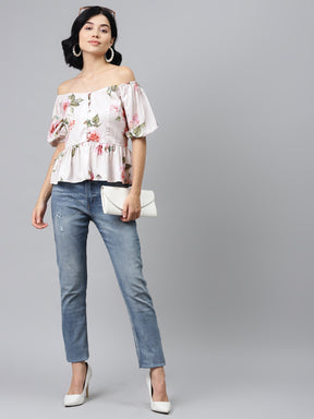 Nude Floral Front Button Peplum Top