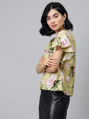 Mint Green Floral Flared Sleeve Top