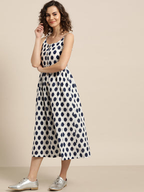Navy Polka Strappy Front Button Dress