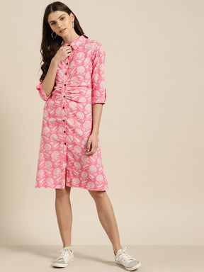 Pink Floral Shirt Dress-Dress-SASSAFRAS