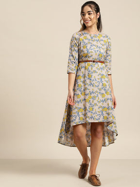 Grey Floral High Low Dress with PU Belt-Dress-SASSAFRAS