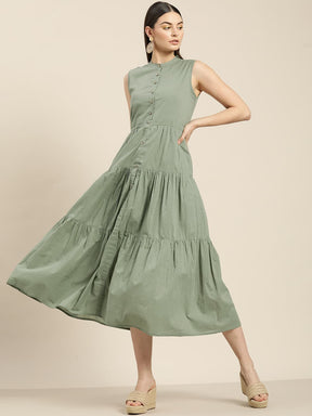 Olive Sleeveless Tiered Dress-Dress-SASSAFRAS