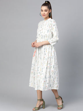 White Floral Drawstring Dress