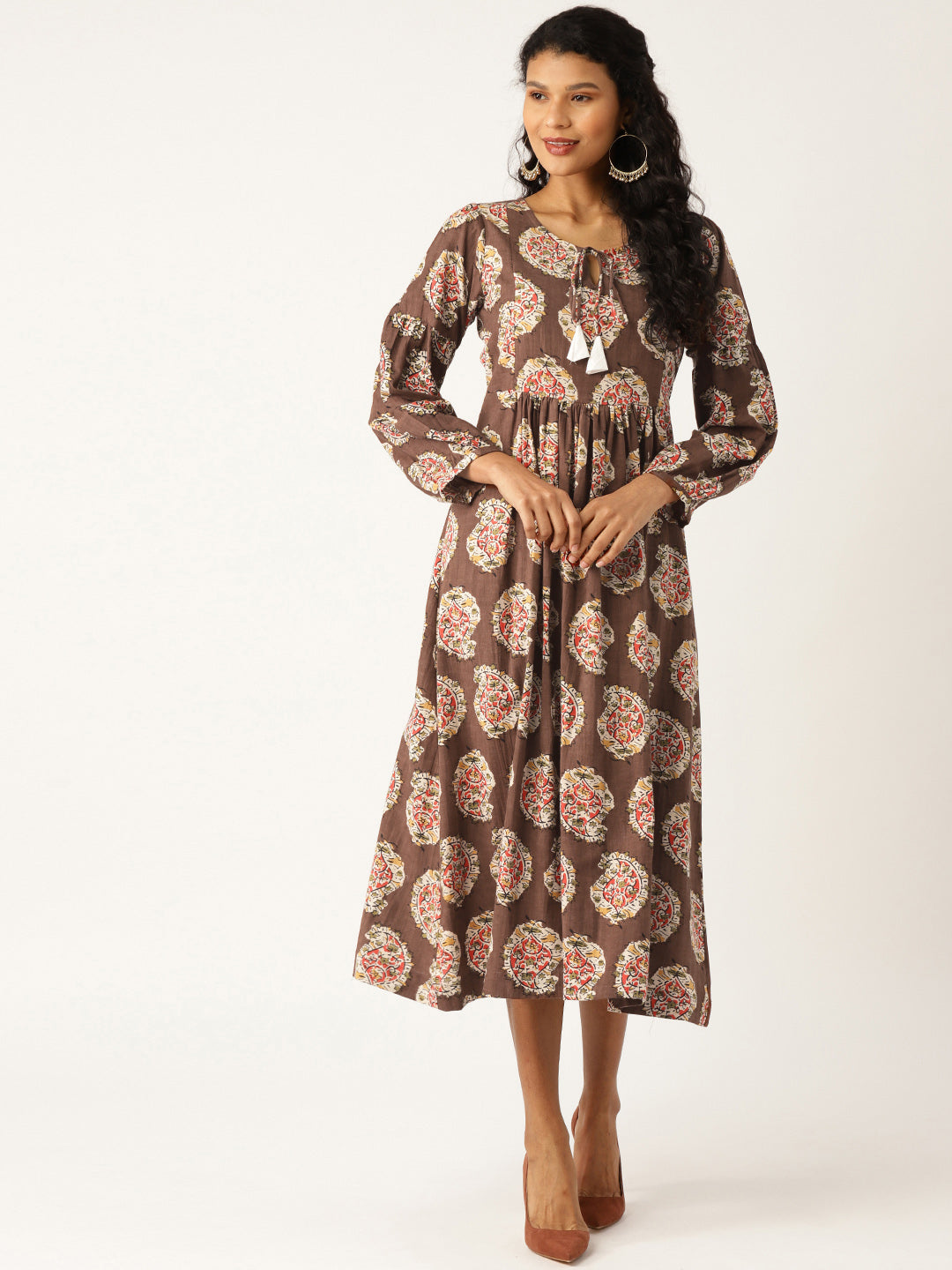 Brown Paisely Bishop Sleeve Midi Dress-Dress-SASSAFRAS